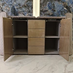 Natural Wood Veneer Sideboard with Dark Marble Top, Quilted Curved Side Panels, Four Drawers and Dual Cabinets